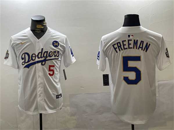 Mens Los Angeles Dodgers #5 Freddie Freeman White Gold 2024 World Series With No. 34 Patch Home Limited Stitched Jersey